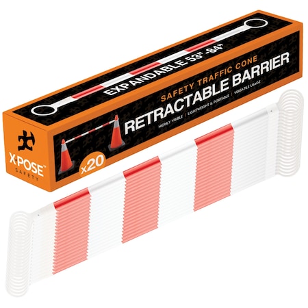 Xpose Safety Retractable Cone Bar, PVC, 53-84" Length, Orange/White 20 PK CBO53/84-20-N-S